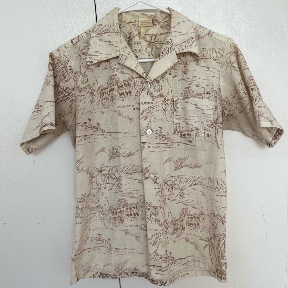 Vintage KoleKole Hawaiian Button Down White Shirt with Brown Designs